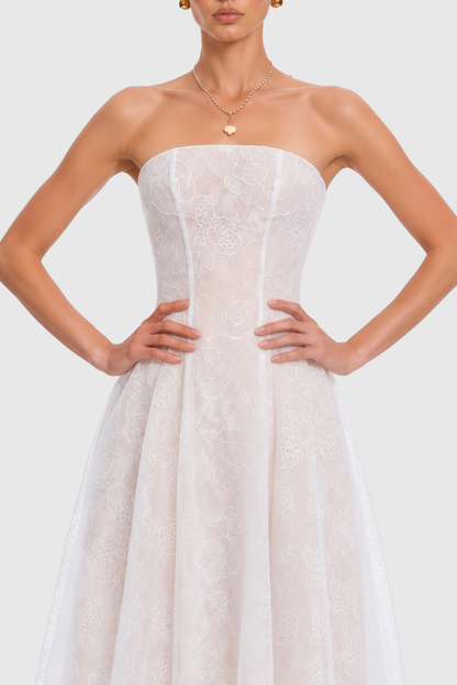 Jokeda Strapless Floral Embroidery Maxi Dress - White