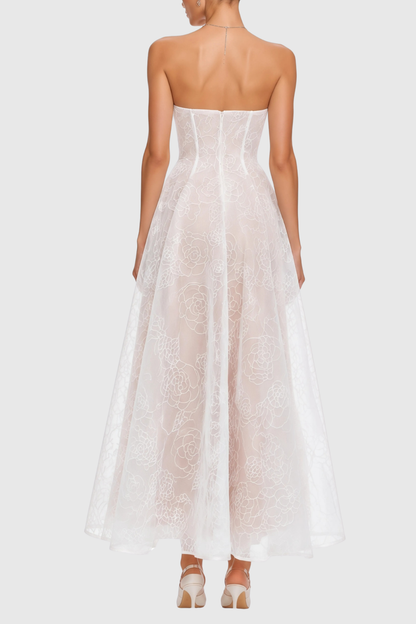 Jokeda Strapless Floral Embroidery Maxi Dress - White