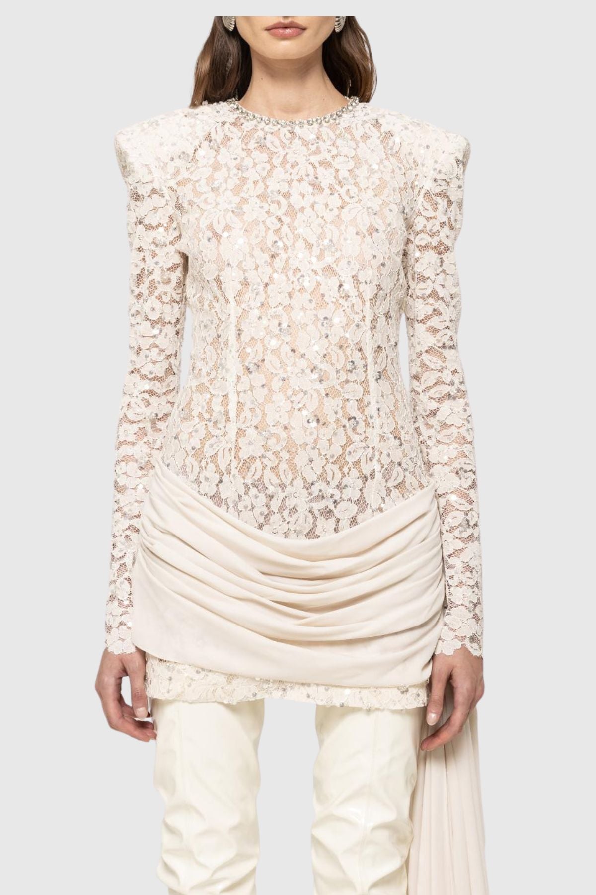 Jonella Sequin Embellished Lace Dreaped Mini Dress