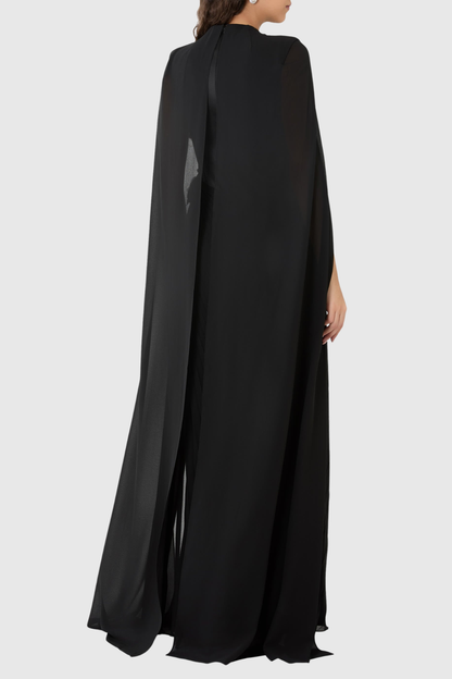 Koteda Floral Appliqué Cape Sleeve Pleated Maxi Dress - Black