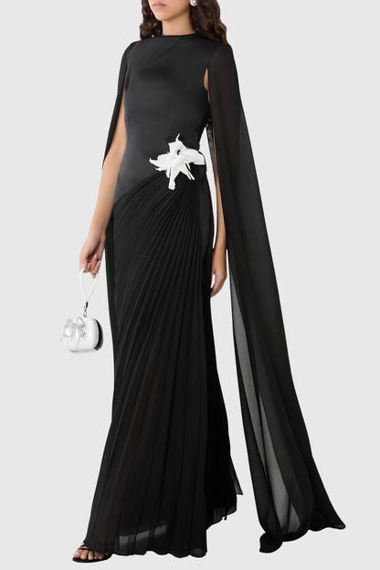 Koteda Floral Appliqué Cape Sleeve Pleated Maxi Dress - Black