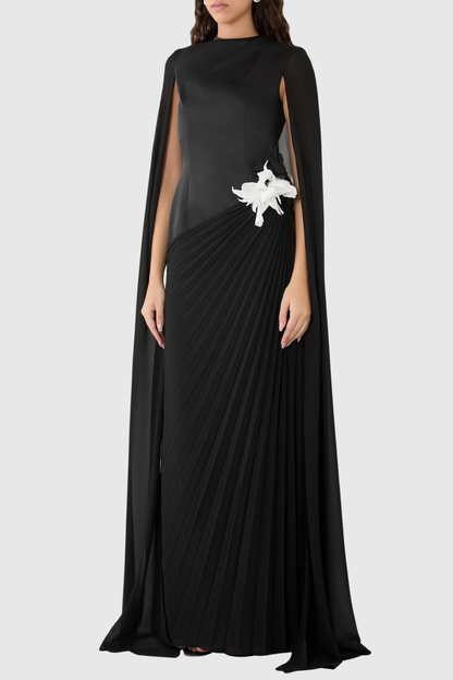 Koteda Floral Appliqué Cape Sleeve Pleated Maxi Dress - Black