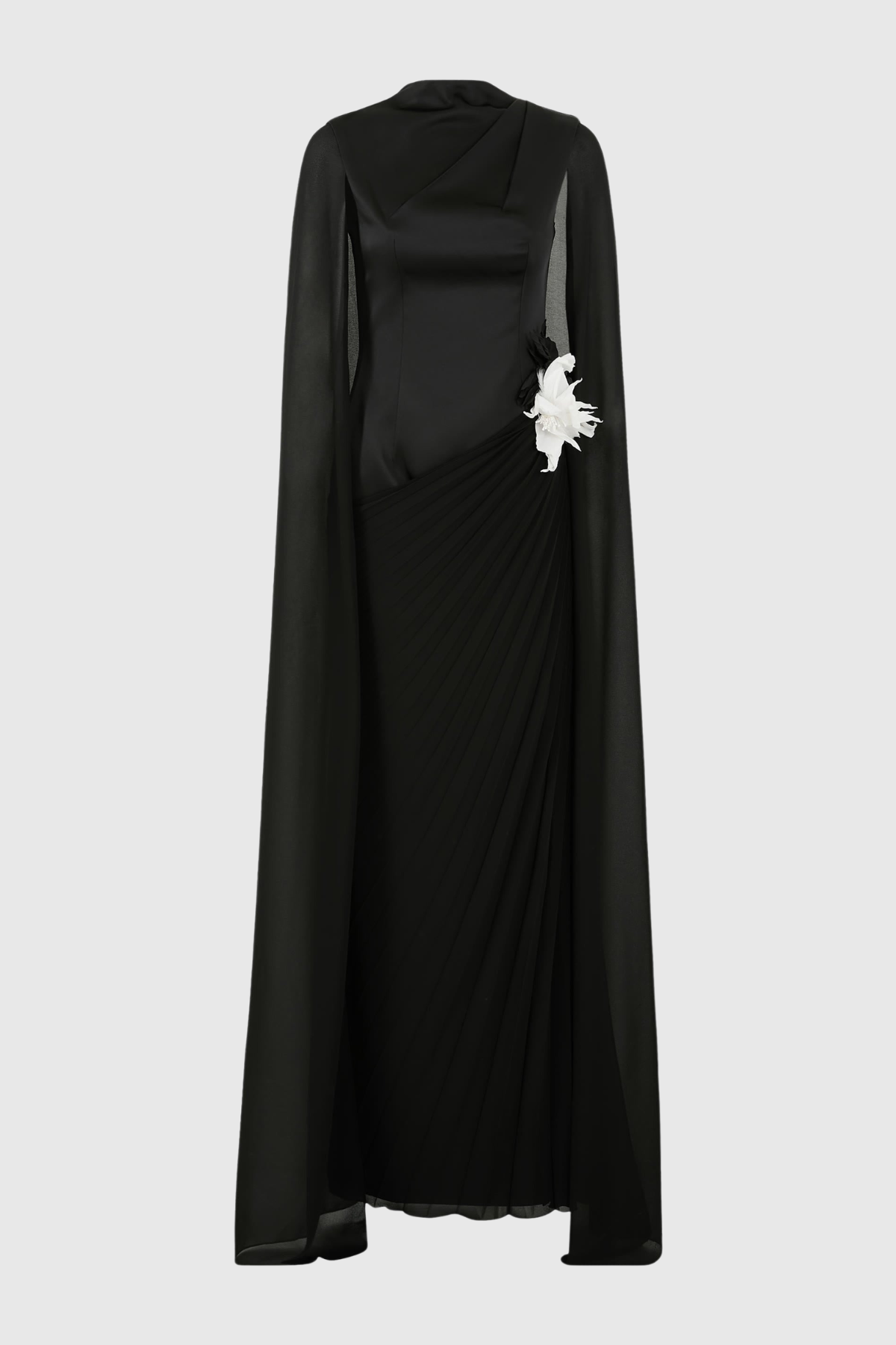 Koteda Floral Appliqué Cape Sleeve Pleated Maxi Dress - Black