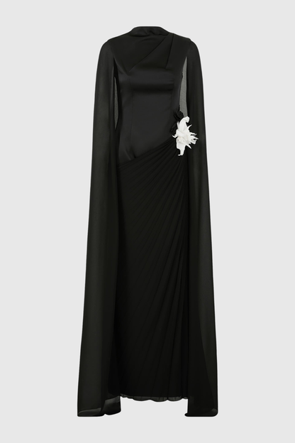 Koteda Floral Appliqué Cape Sleeve Pleated Maxi Dress - Black