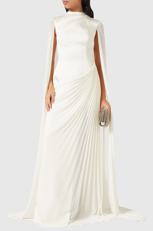 Koteda Floral Appliqué Cape Sleeve Pleated Maxi Dress - White