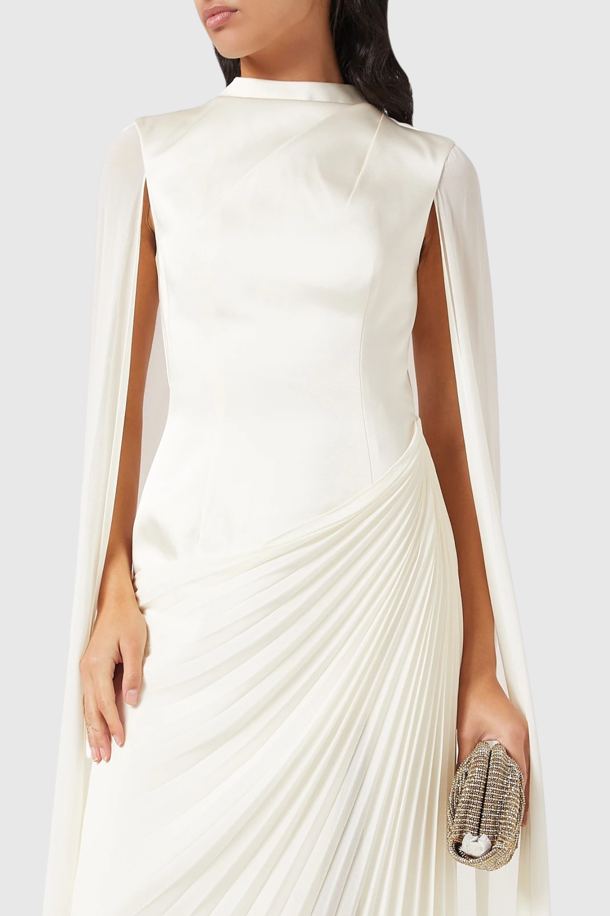 Koteda Floral Appliqué Cape Sleeve Pleated Maxi Dress - White