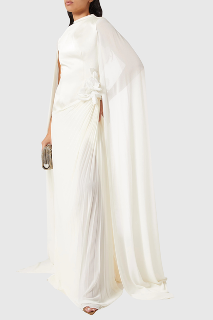 Koteda Floral Appliqué Cape Sleeve Pleated Maxi Dress - White