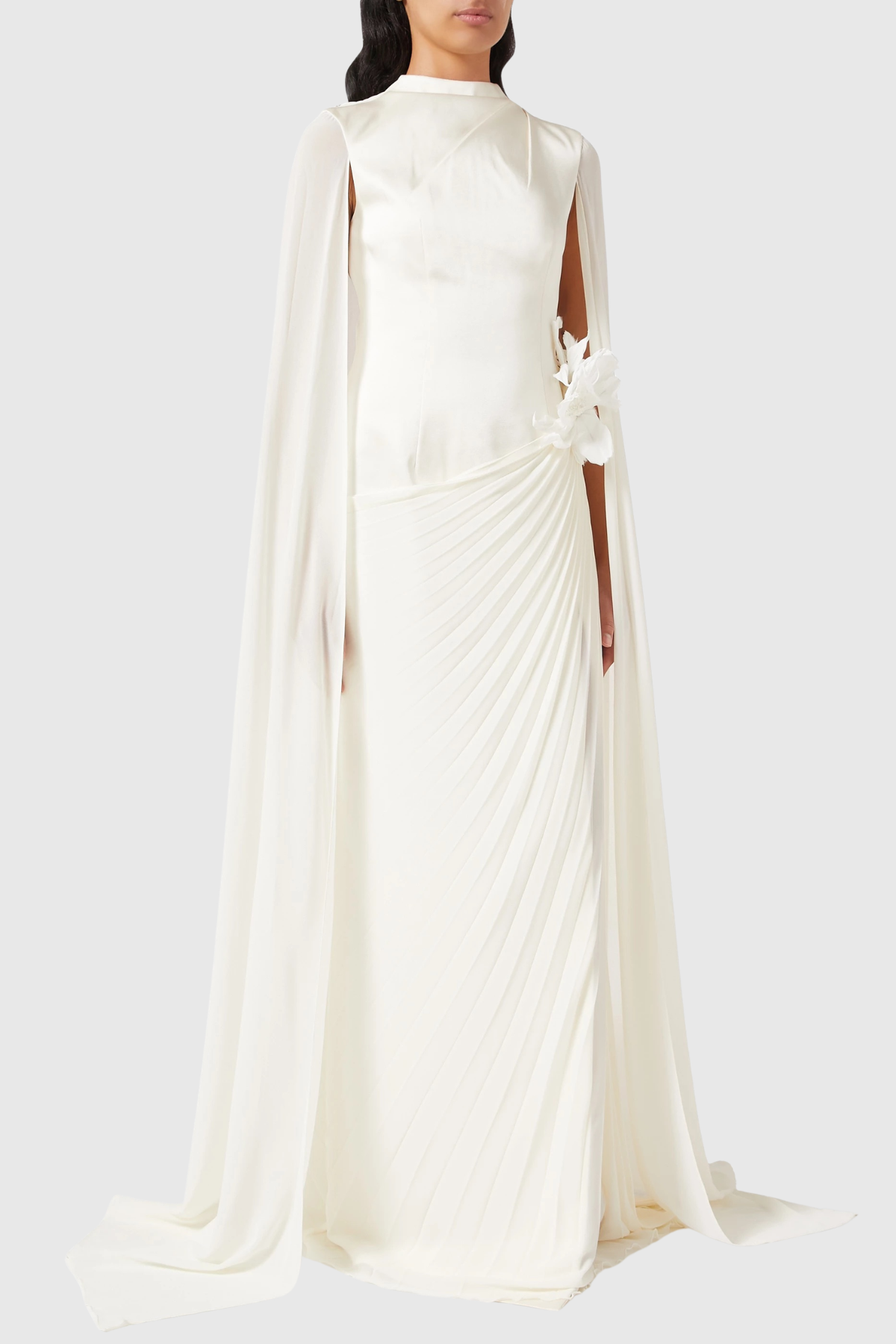 Koteda Floral Appliqué Cape Sleeve Pleated Maxi Dress - White