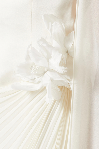 Koteda Floral Appliqué Cape Sleeve Pleated Maxi Dress - White