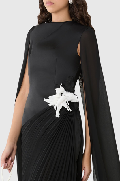Koteda Floral Appliqué Cape Sleeve Pleated Maxi Dress - Black