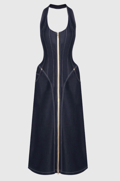 Krishna Halter Denim Corset Contrast-stitching Maxi Dress