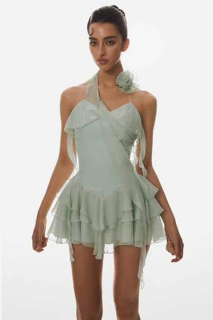 Kyrie Halter Floral Ruffle Mini Dress - Green