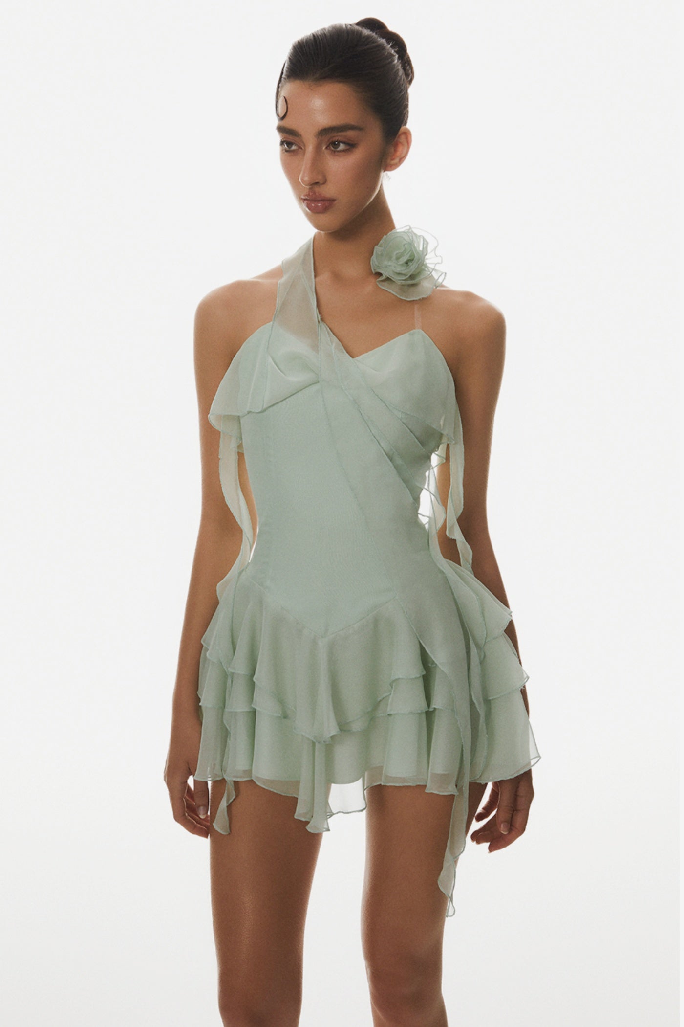 Kyrie Halter Floral Ruffle Mini Dress - Green