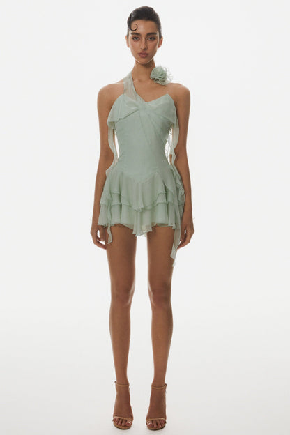 Kyrie Halter Floral Ruffle Mini Dress - Green