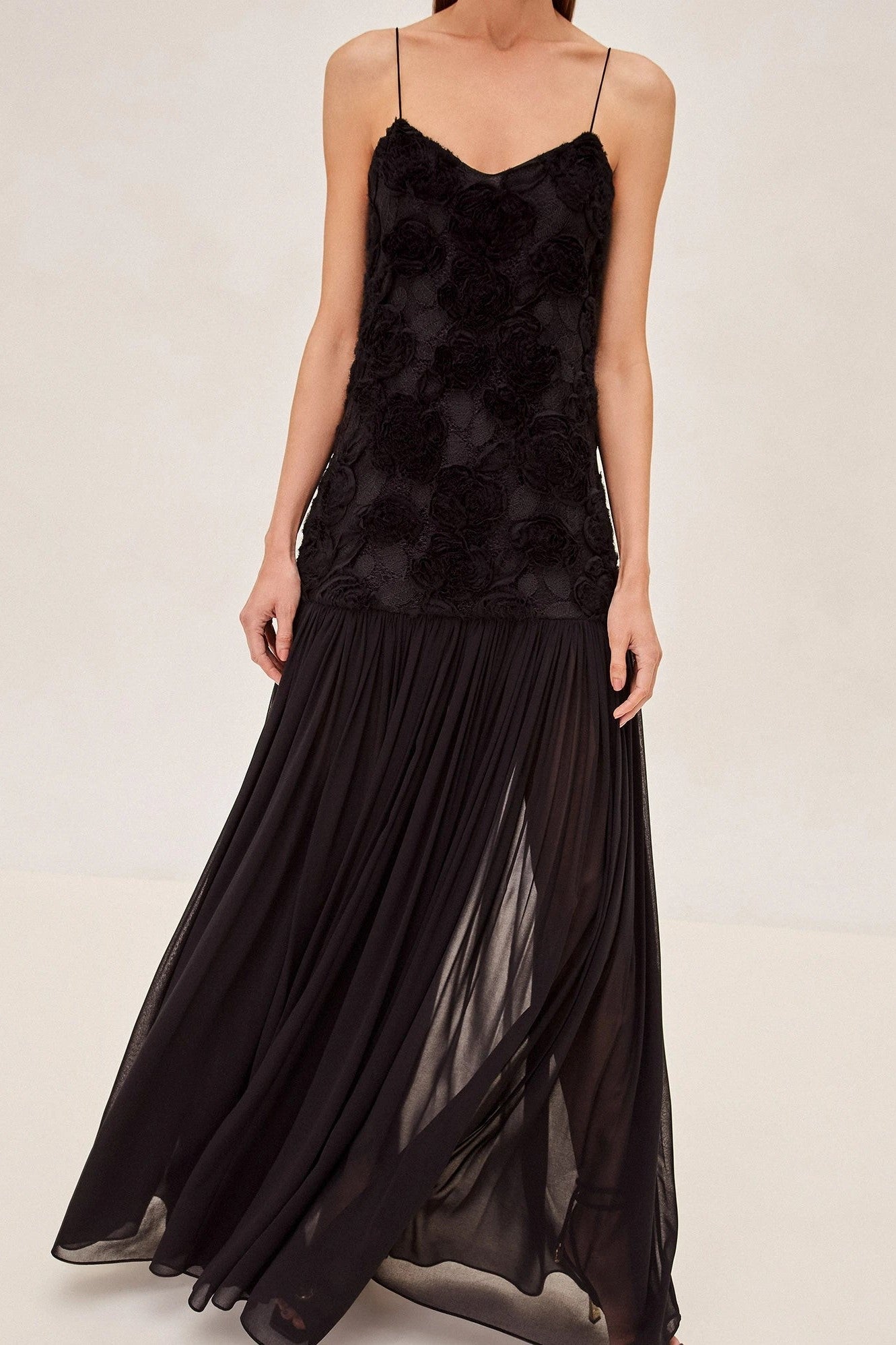 Lillie Spaghetti Floral Ruffle Maxi Dress - Black