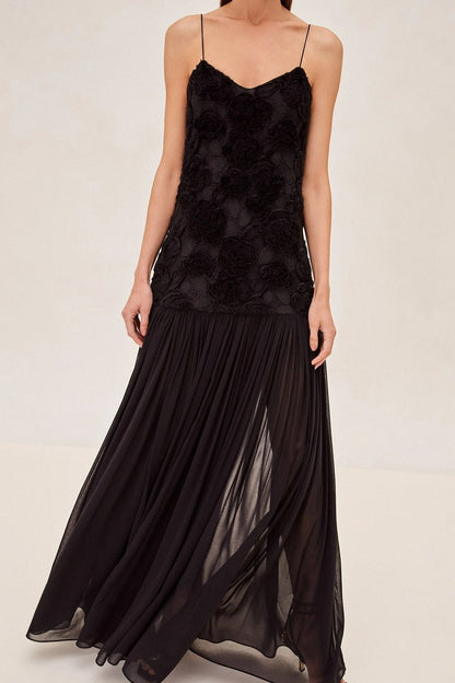 Lillie Spaghetti Floral Ruffle Maxi Dress - Black