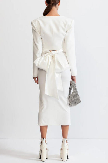 Maelie Bow Detail Satin Crop Blazer  - White