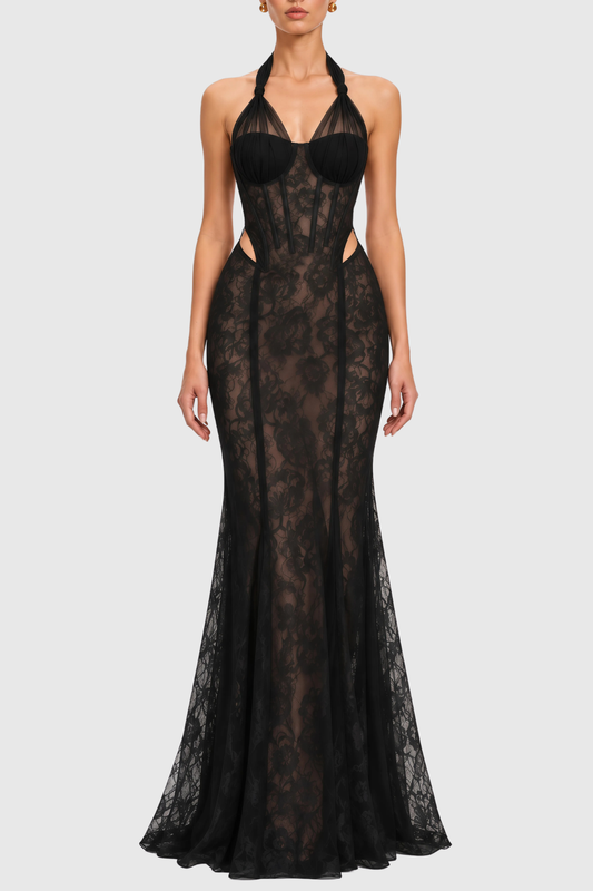 Mafera Halter Lace Corset Cutout Maxi Dress - Black