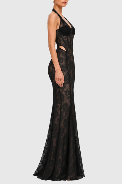 Mafera Halter Lace Corset Cutout Maxi Dress - Black