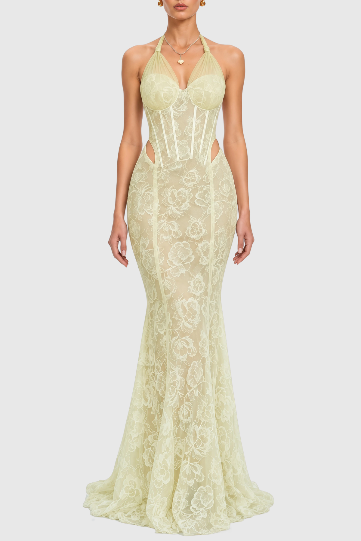 Mafera Halter Lace Corset Cutout Maxi Dress - Green