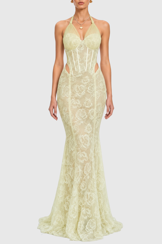 Mafera Halter Lace Corset Cutout Maxi Dress - Green