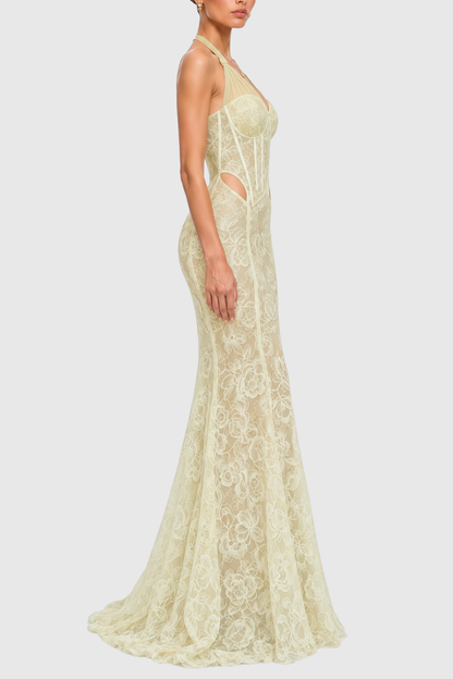 Mafera Halter Lace Corset Cutout Maxi Dress - Green