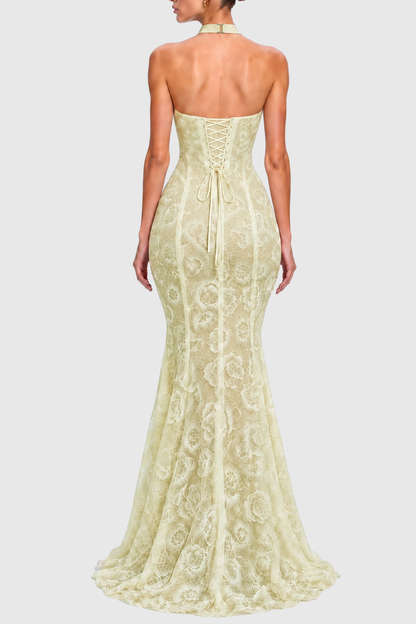 Mafera Halter Lace Corset Cutout Maxi Dress - Green