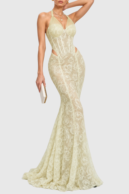 Mafera Halter Lace Corset Cutout Maxi Dress - Green