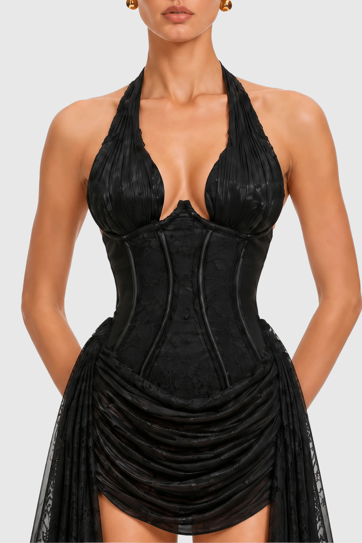 Mafera Halter Lace Corset Draped Mini Dress - Black