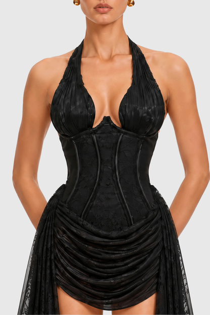 Mafera Halter Lace Corset Draped Mini Dress - Black