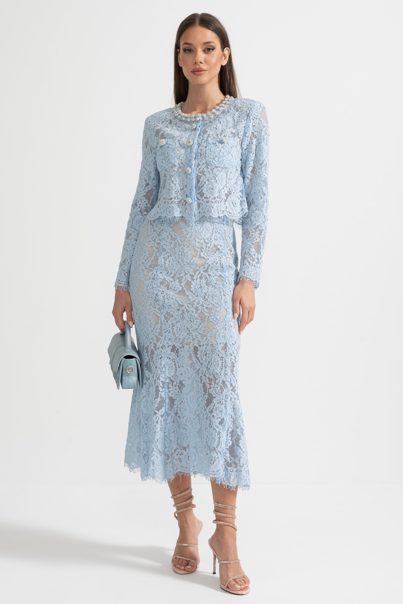 Sparkling Neckline Embellishments And Midi Skirt