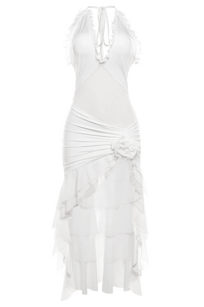Malia Halter Mesh Flower Ruffle Midi Dress