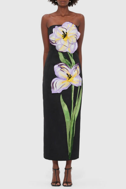 Mimoza Floral Appliqué Strapless Midi Dress - Black