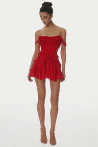 Nirva Off Shoulder Ruffle Mini Dress - Wine