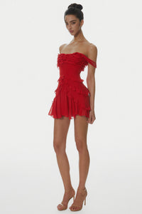 Nirva Off Shoulder Ruffle Mini Dress - Wine