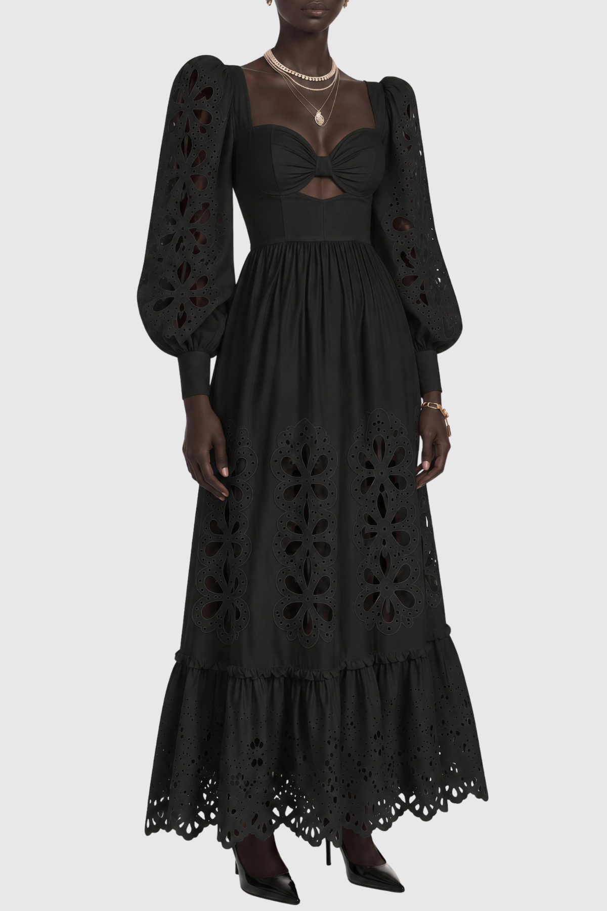 Noxia Floral Cutout Puff Sleeve Maxi Dress - Black
