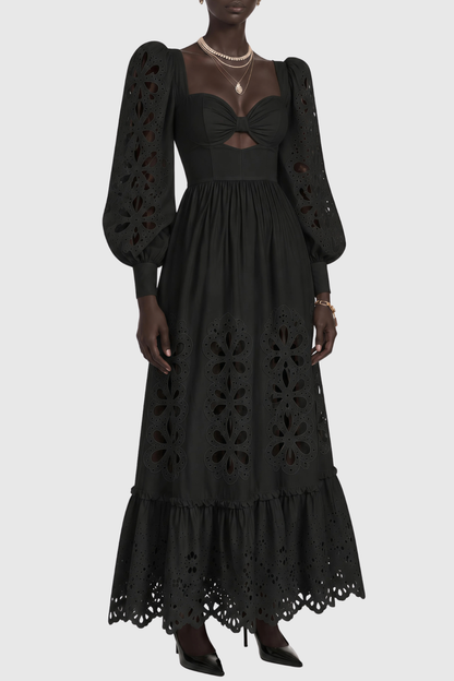 Noxia Floral Cutout Puff Sleeve Maxi Dress - Black