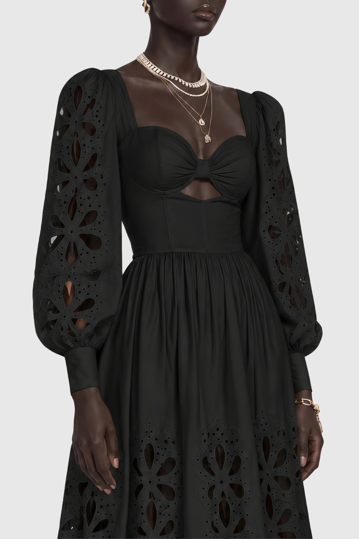 Noxia Floral Cutout Puff Sleeve Maxi Dress - Black