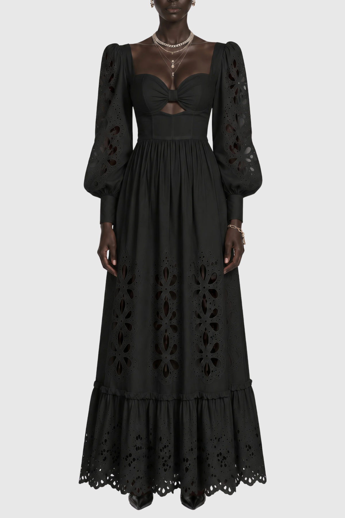 Noxia Floral Cutout Puff Sleeve Maxi Dress - Black