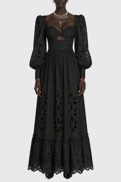 Noxia Floral Cutout Puff Sleeve Maxi Dress - Black