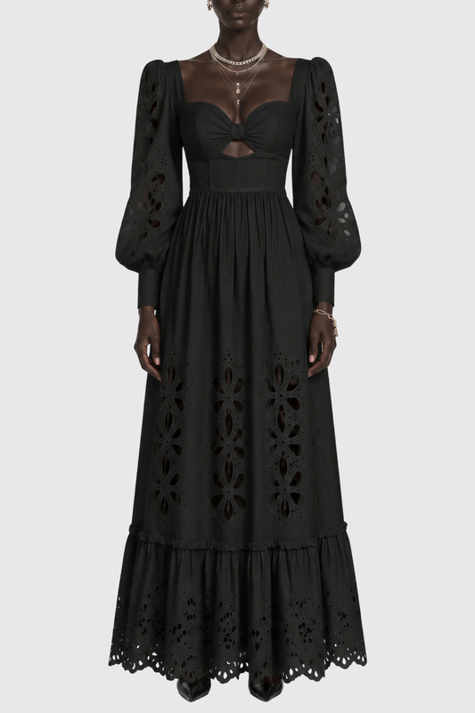 Noxia Floral Cutout Puff Sleeve Maxi Dress - Black
