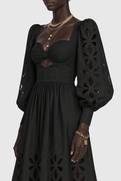 Noxia Floral Cutout Puff Sleeve Maxi Dress - Black