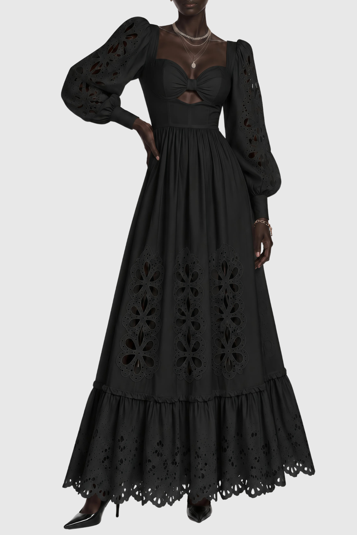 Noxia Floral Cutout Puff Sleeve Maxi Dress - Black