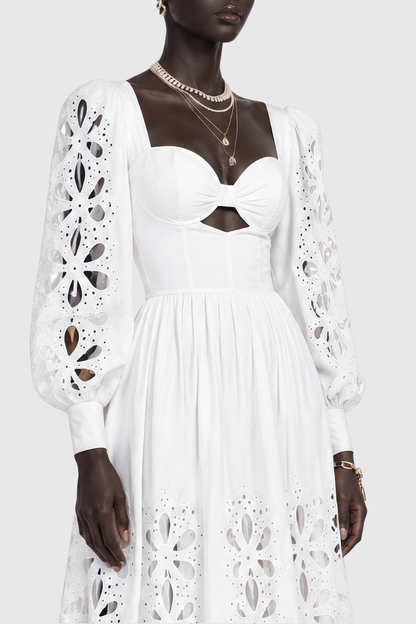Noxia Floral Cutout Puff Sleeve Maxi Dress - White