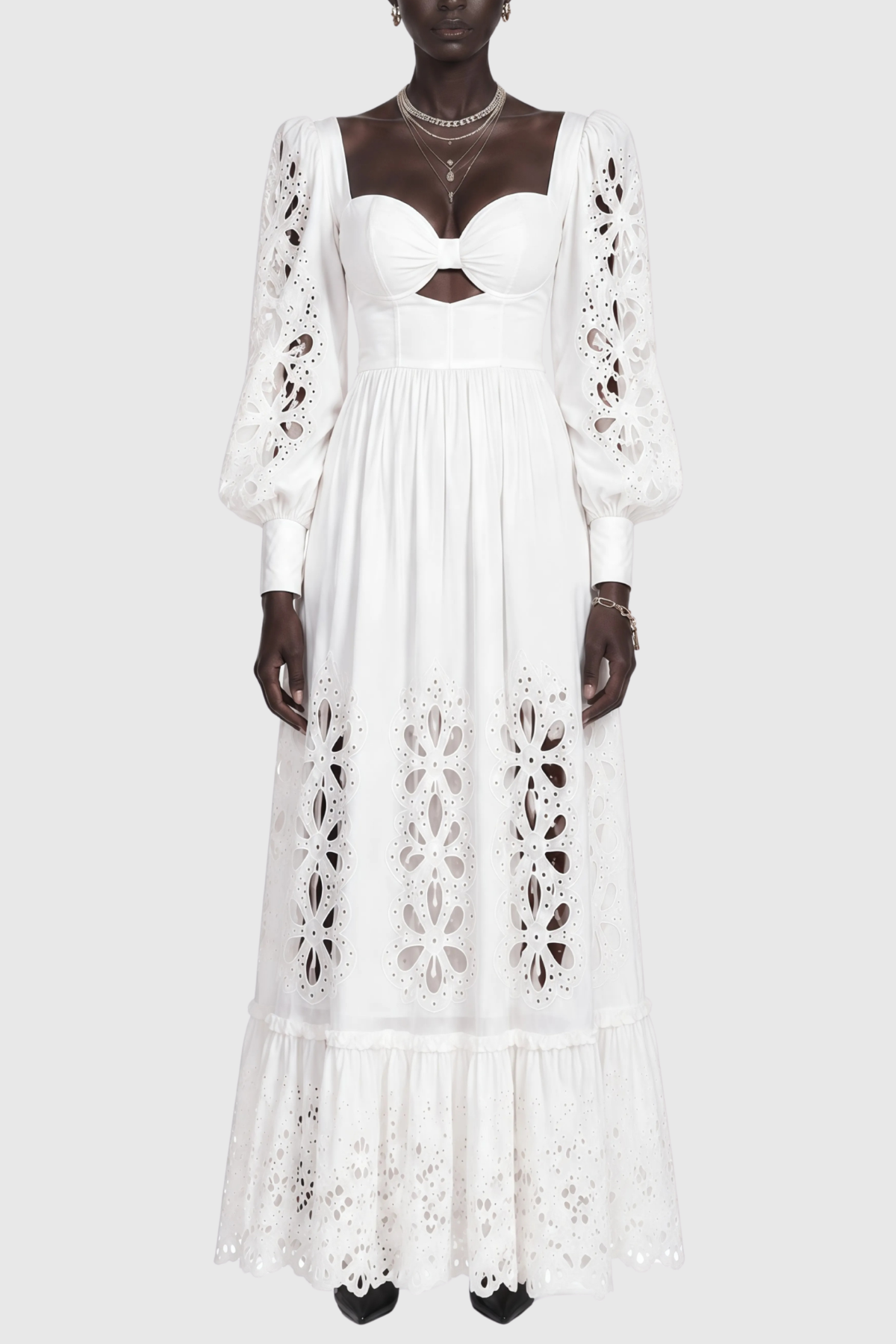 Noxia Floral Cutout Puff Sleeve Maxi Dress - White