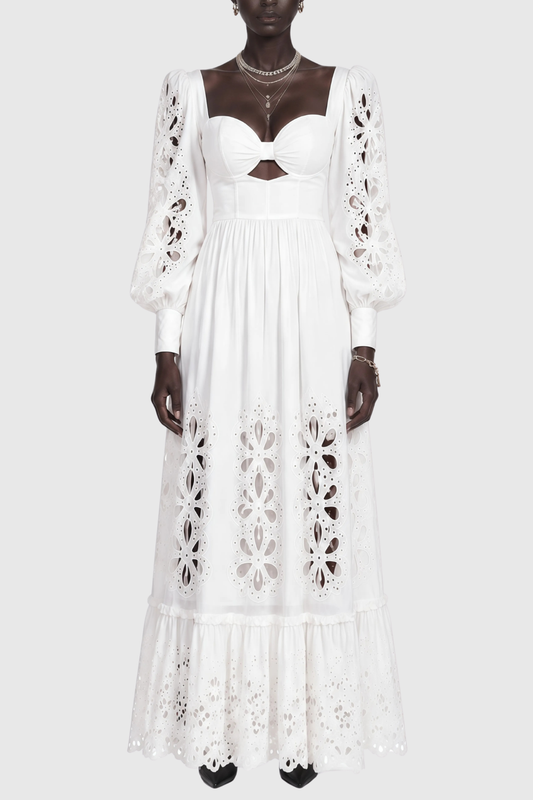 Noxia Floral Cutout Puff Sleeve Maxi Dress - White
