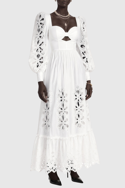 Noxia Floral Cutout Puff Sleeve Maxi Dress - White