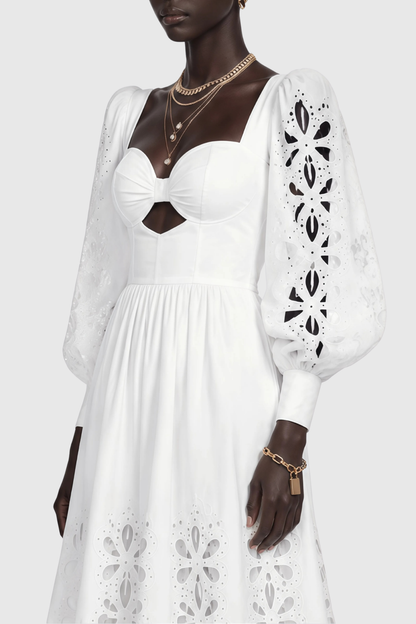 Noxia Floral Cutout Puff Sleeve Maxi Dress - White