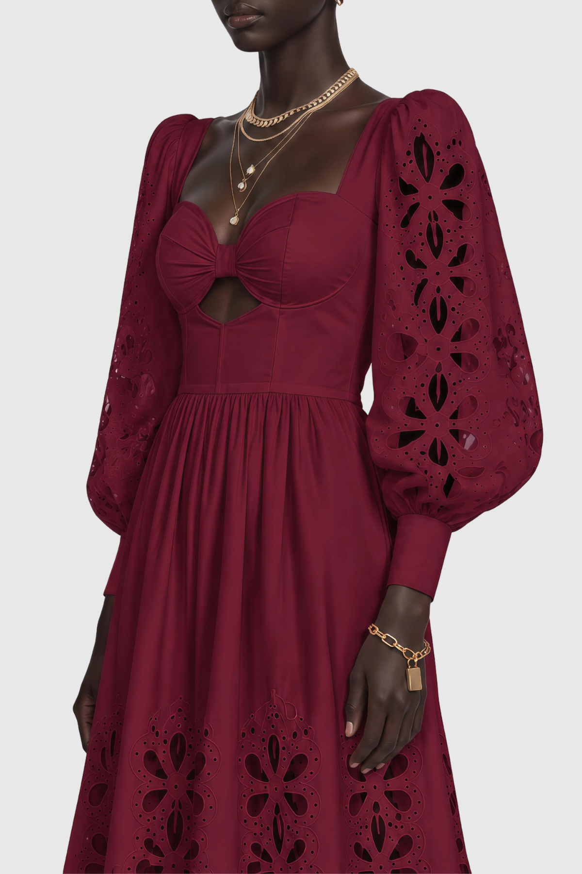 Noxia Floral Cutout Puff Sleeve Maxi Dress - Wine