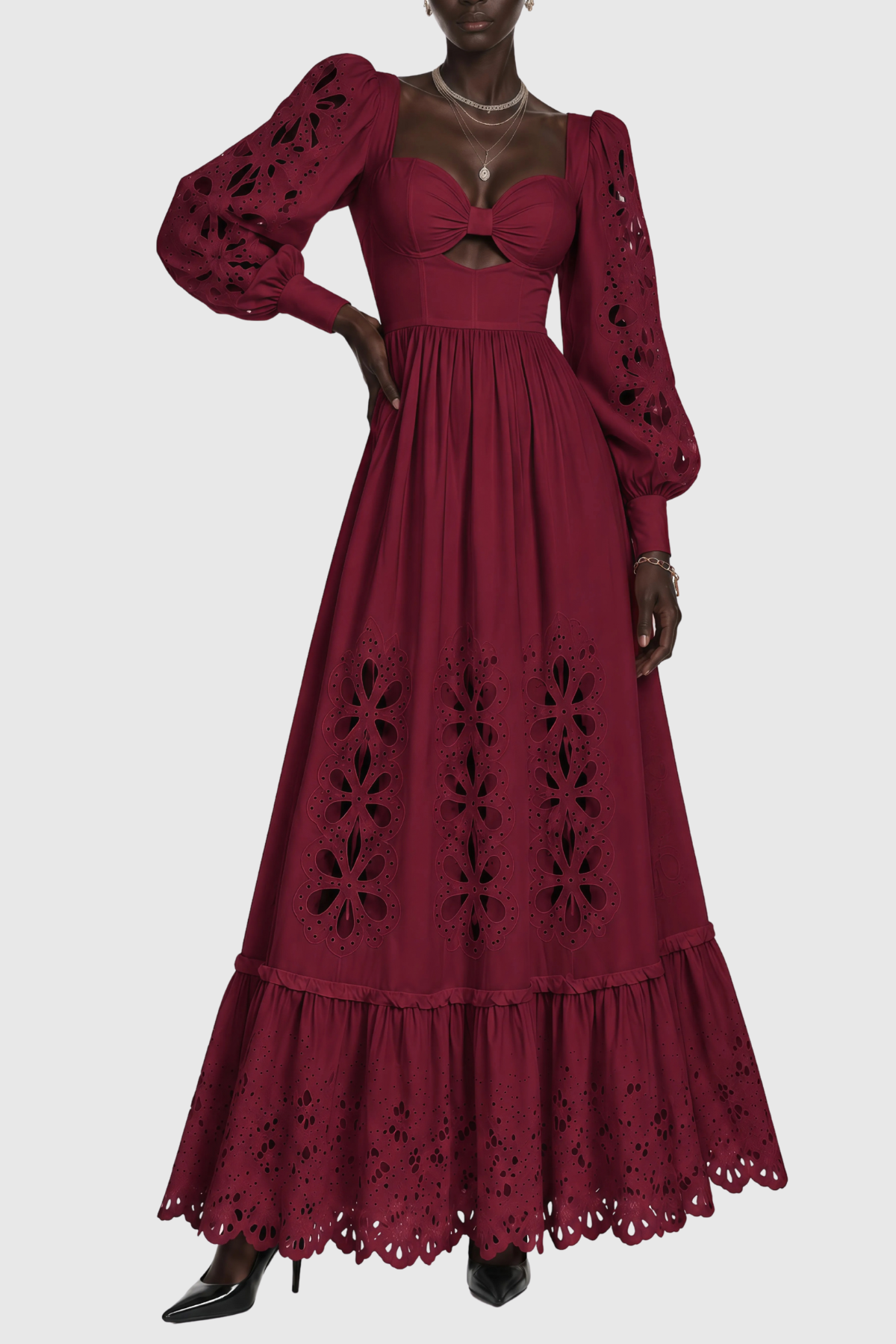 Noxia Floral Cutout Puff Sleeve Maxi Dress - Wine